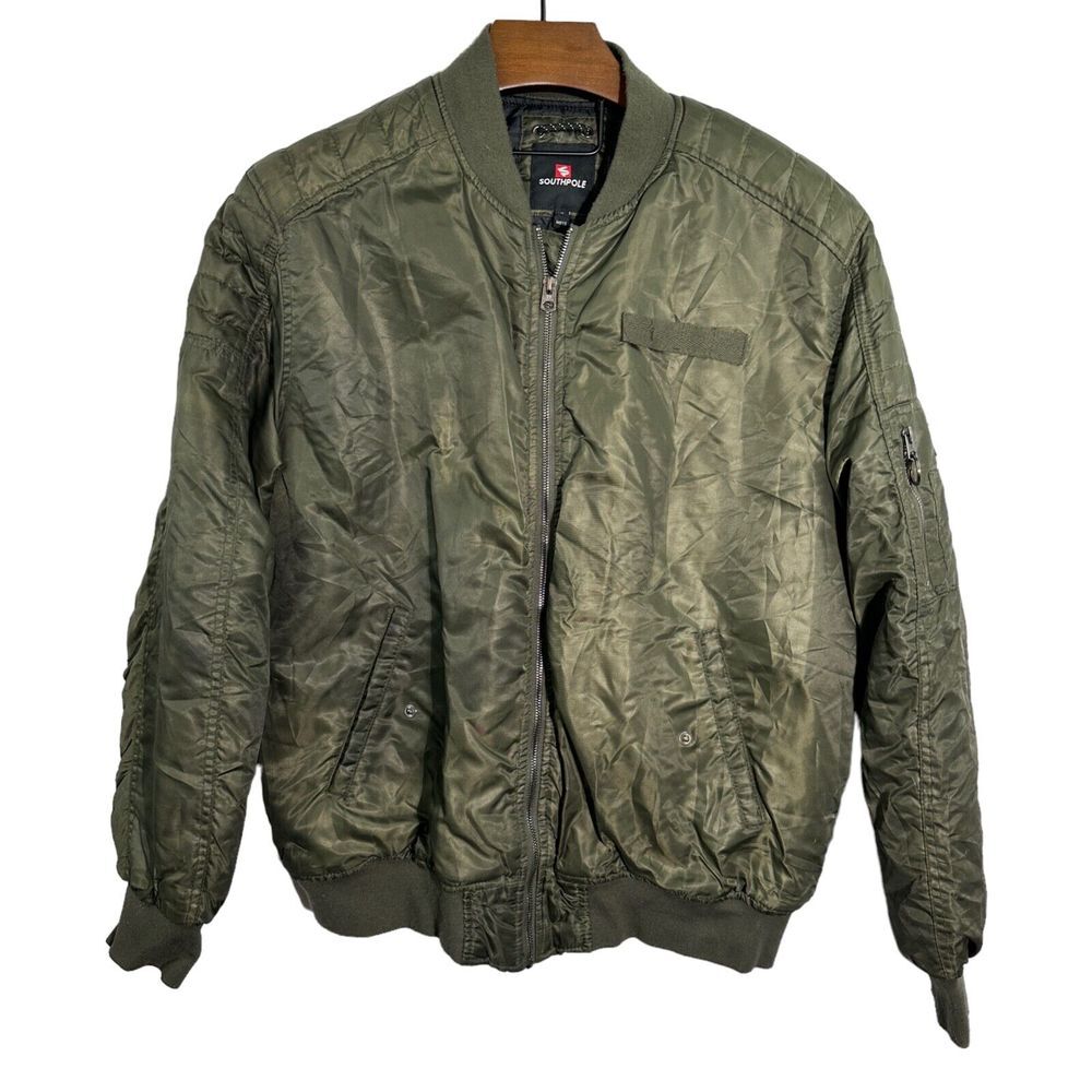 SOUTHPOLE Military Style Green Satin Bomber Jacket Full Zip Pocket Size XL
